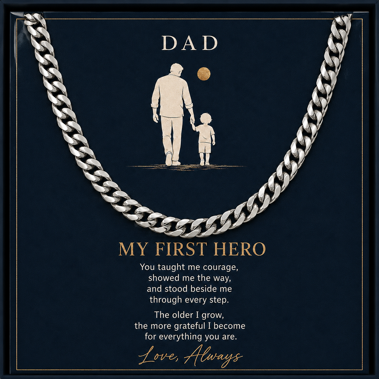 A silver-toned curb chain necklace presented on a dark navy gift card with a father-and-child silhouette illustration and sentimental text addressed to Dad.