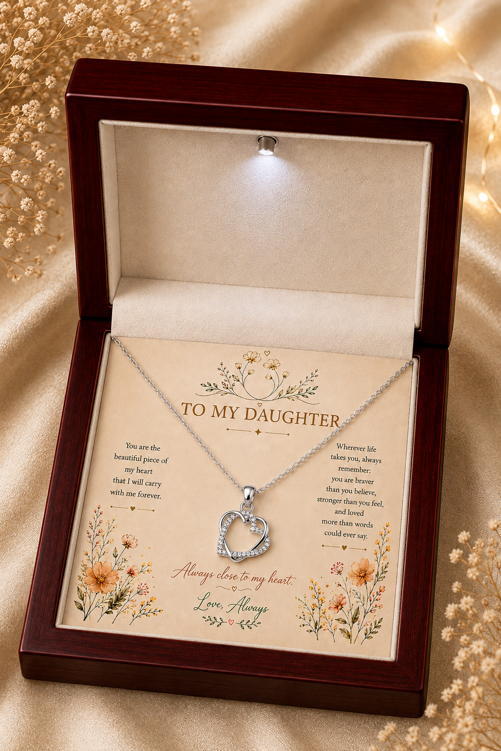 Meaningful daughter jewelry with floral message card