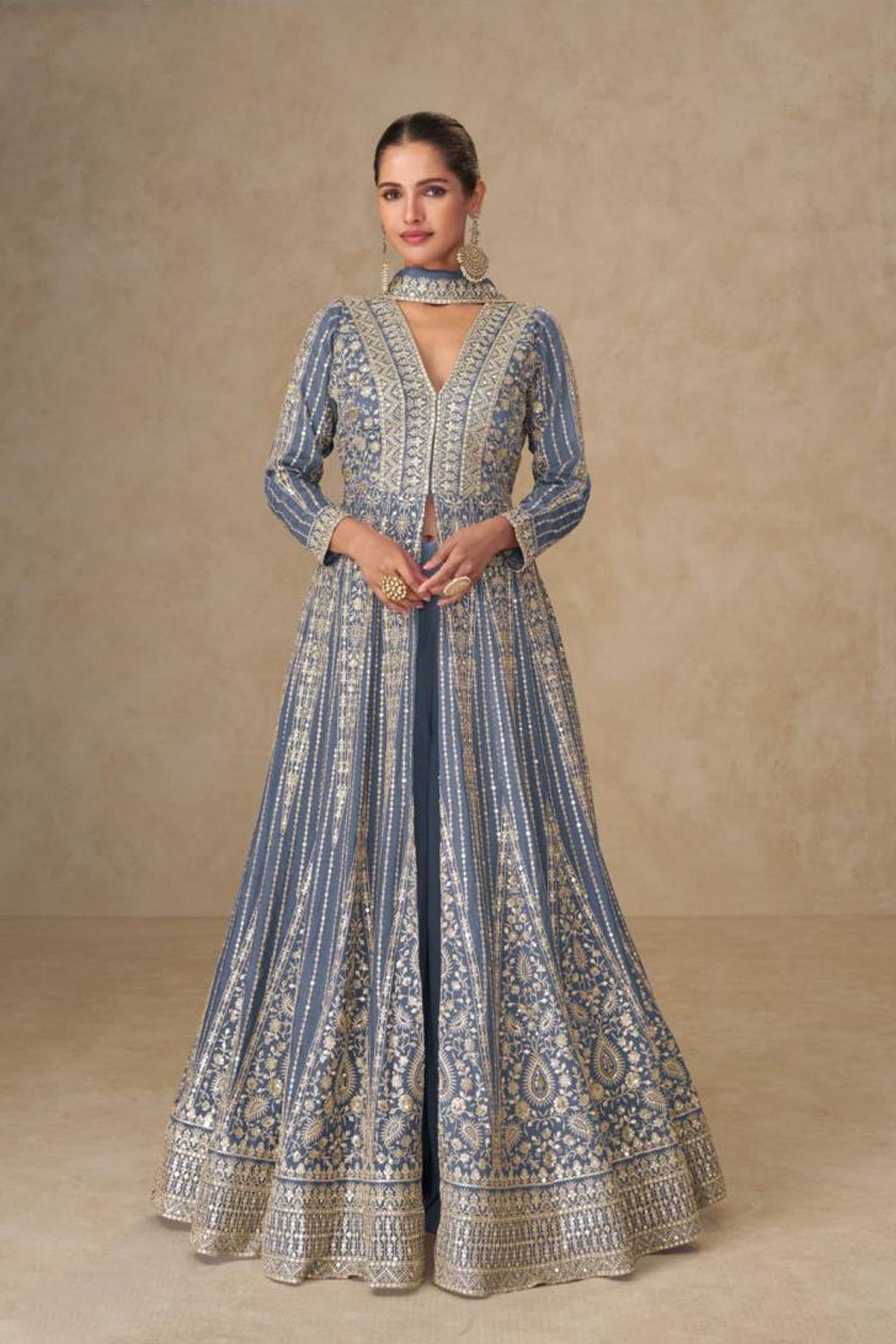 Anarkali dress with dupatta in blue gray color