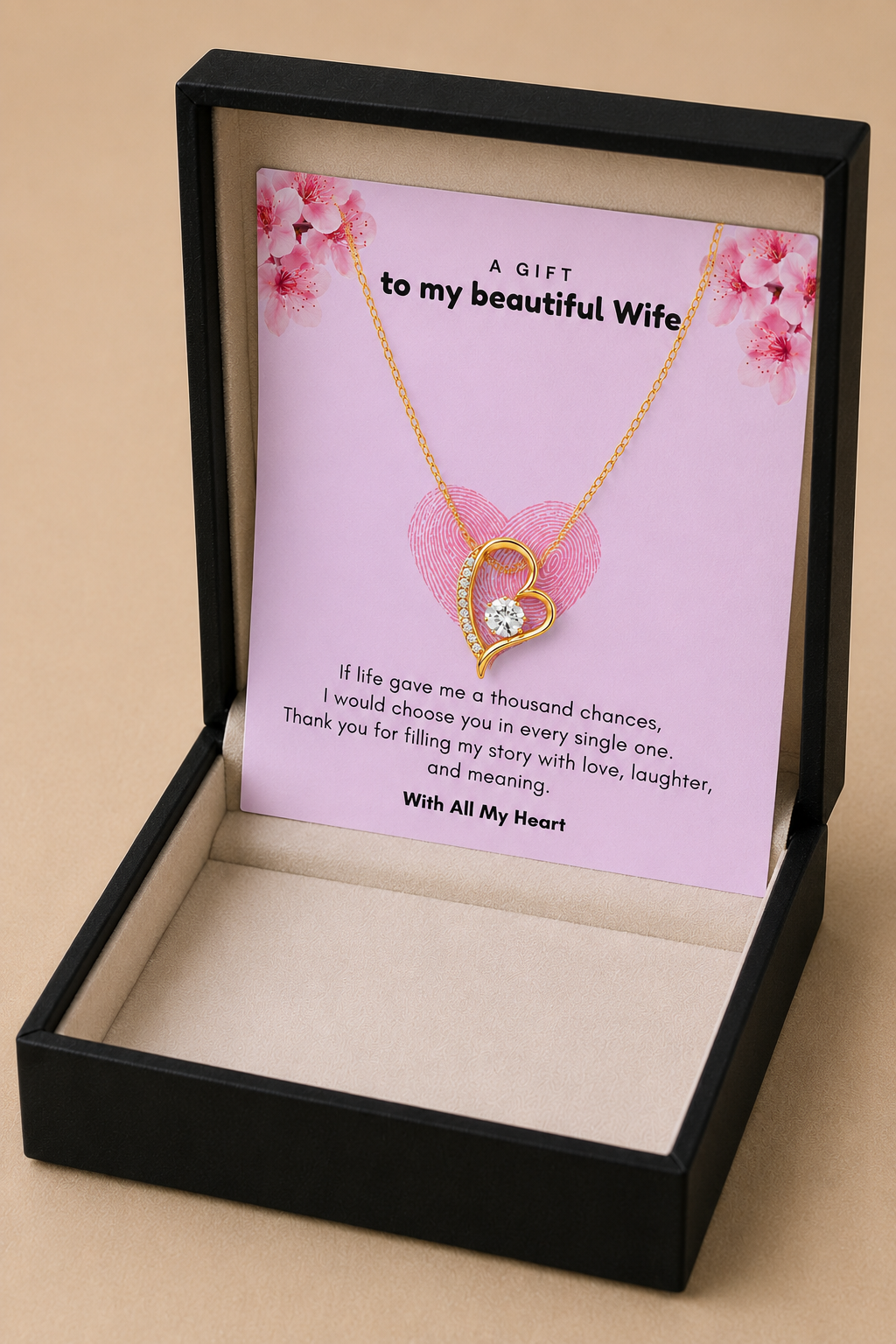 Romantic wife gift featuring a heart pendant necklace and heartfelt printed message card.
