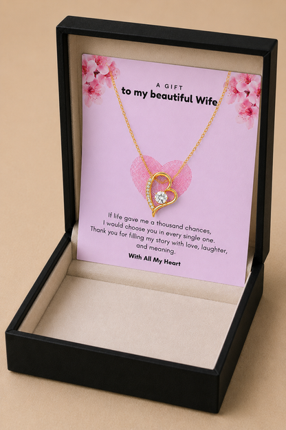 Romantic wife gift featuring a heart pendant necklace and heartfelt printed message card.