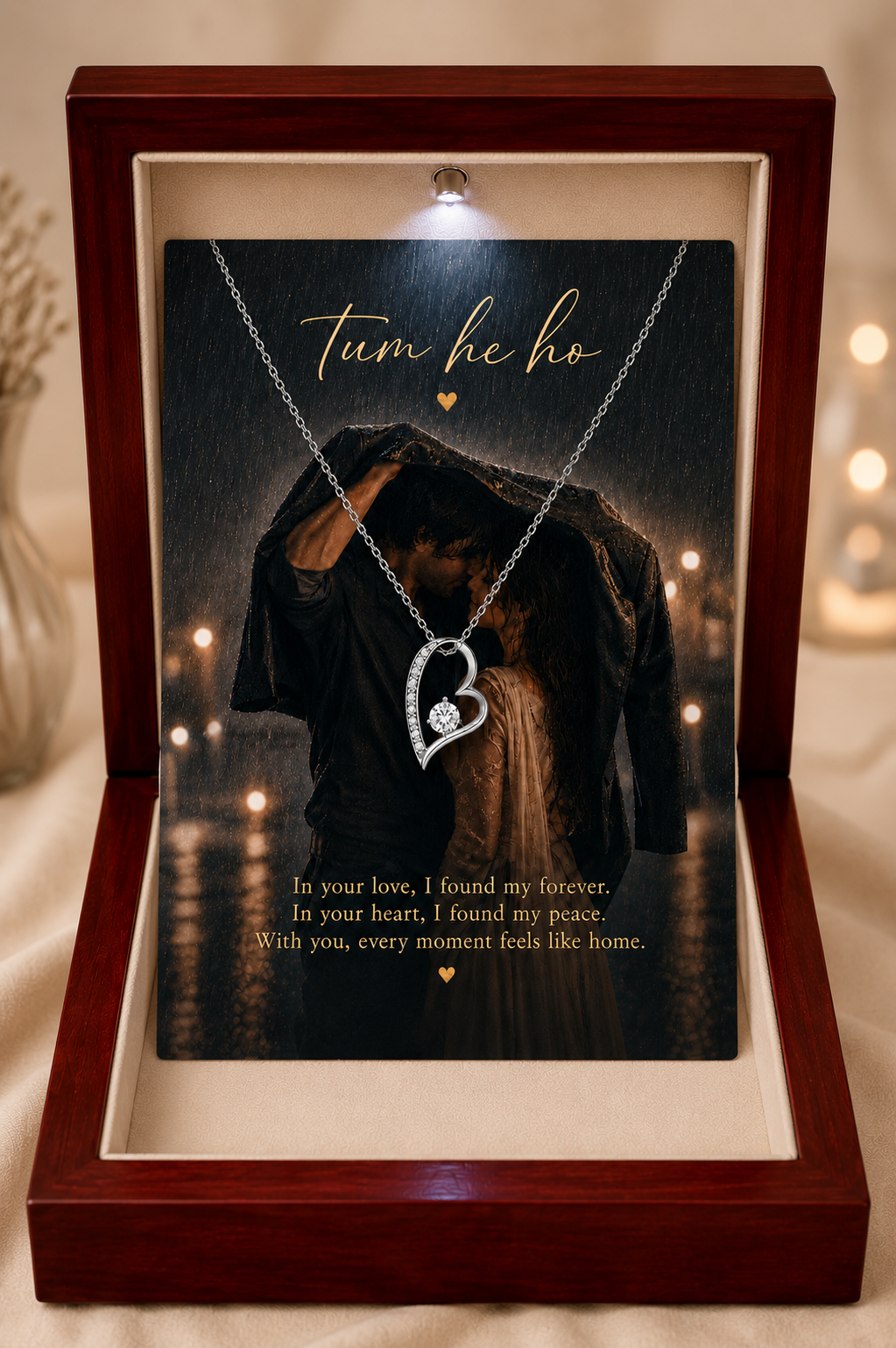 Romantic necklace with rainy couple artwork message card