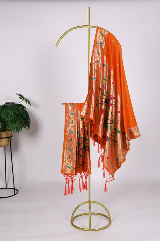 bandhani dupatta in dark orange with zari weaving