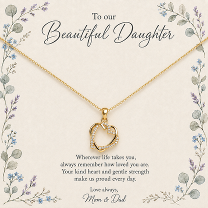 Heart pendant necklace displayed on To our Beautiful Daughter message card