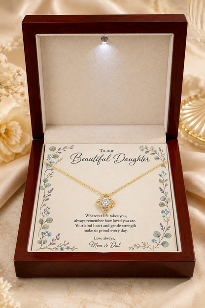 Beautiful daughter interlocking pendant necklace with floral message card