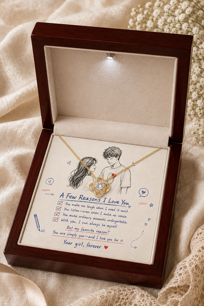 Romantic necklace for boyfriend featuring an intertwined pendant with a clear center stone and heartfelt love message card