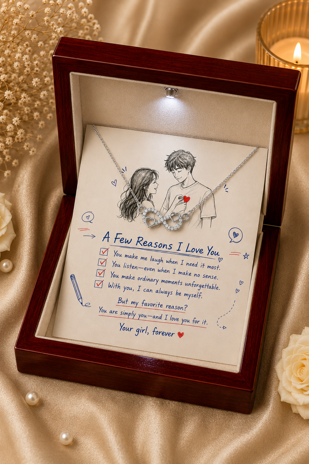 Boyfriend silver-tone infinity heart necklace with romantic illustrated message card