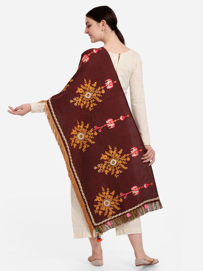 Brown dupatta close up showing embroidery printed work