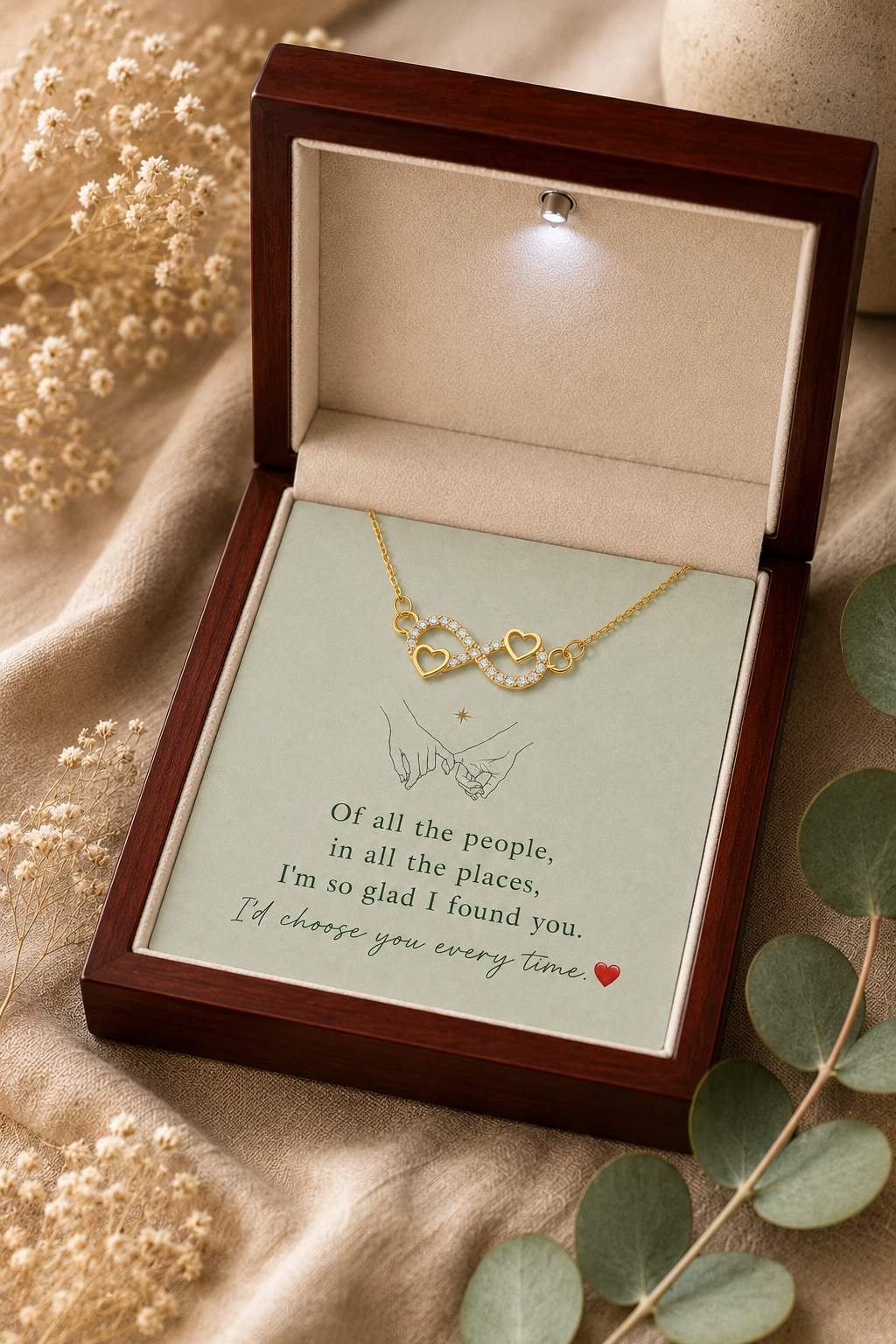 Gold-tone infinity necklace with emotional I would choose you every time card