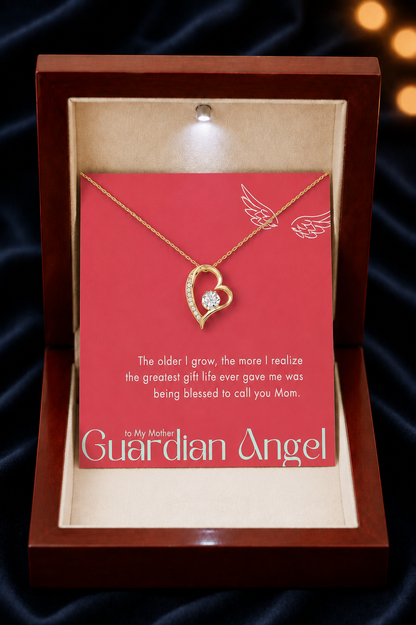 Elegant heart pendant necklace displayed in premium wooden gift box for mother
