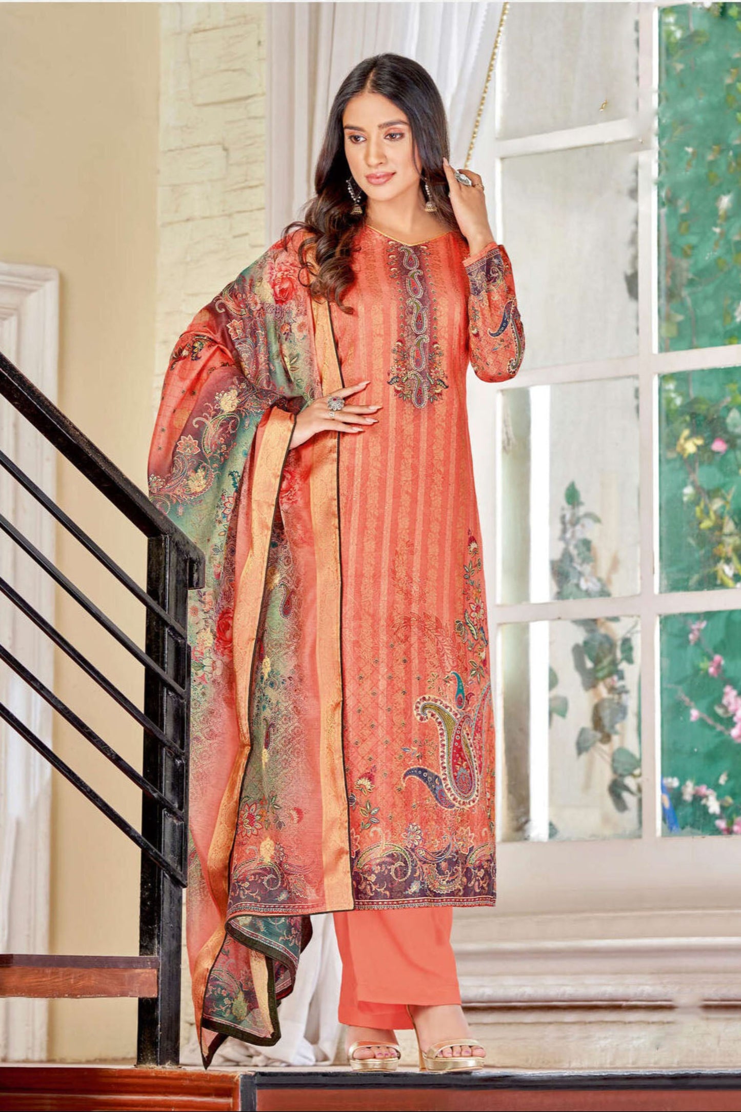 Digital printed work on light orange salwar kameez