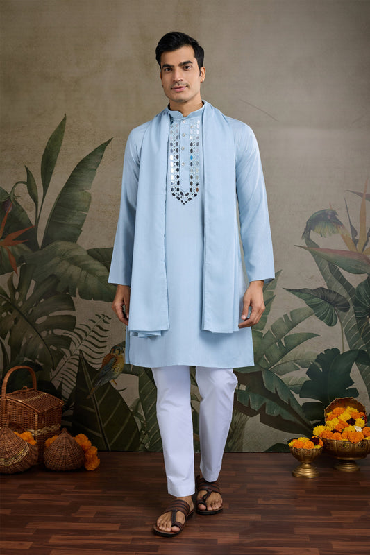Cyan blue kurta for men with jari mirror work