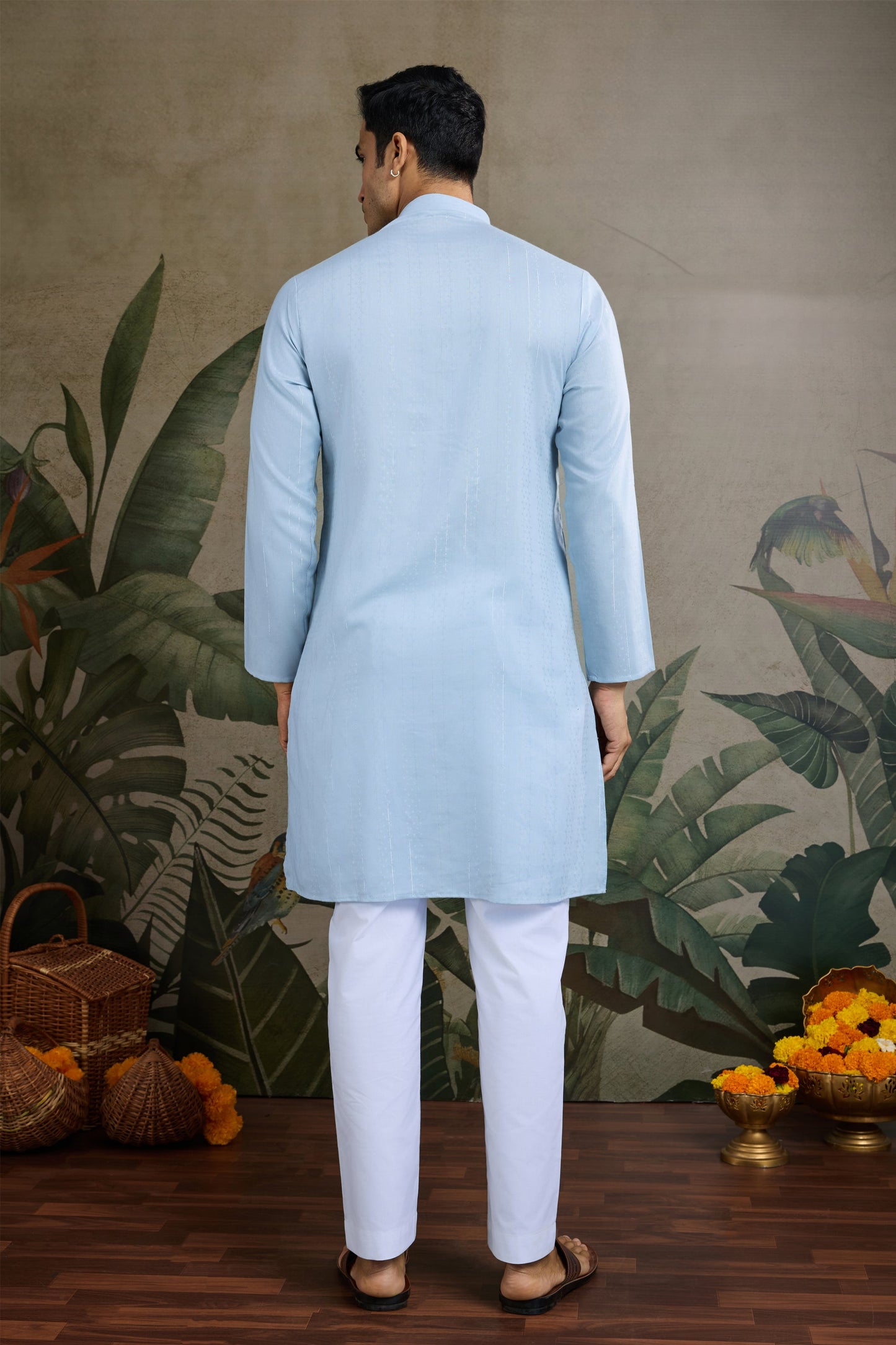 Cyan blue kurta for men front view in viscose fabric