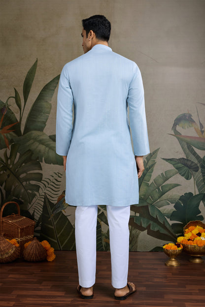 Cyan blue kurta for men front view in viscose fabric