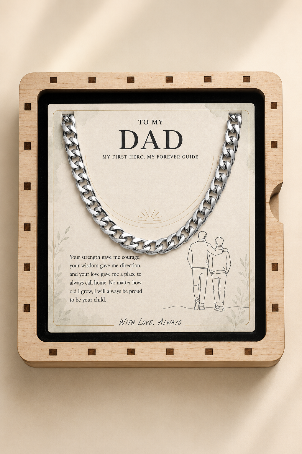 Silver-tone Cuban link chain necklace and heartfelt Dad message card inside a wooden presentation box