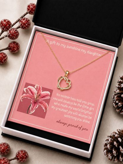 Daughter double heart necklace with clear crystal-style accents in gold-tone finish