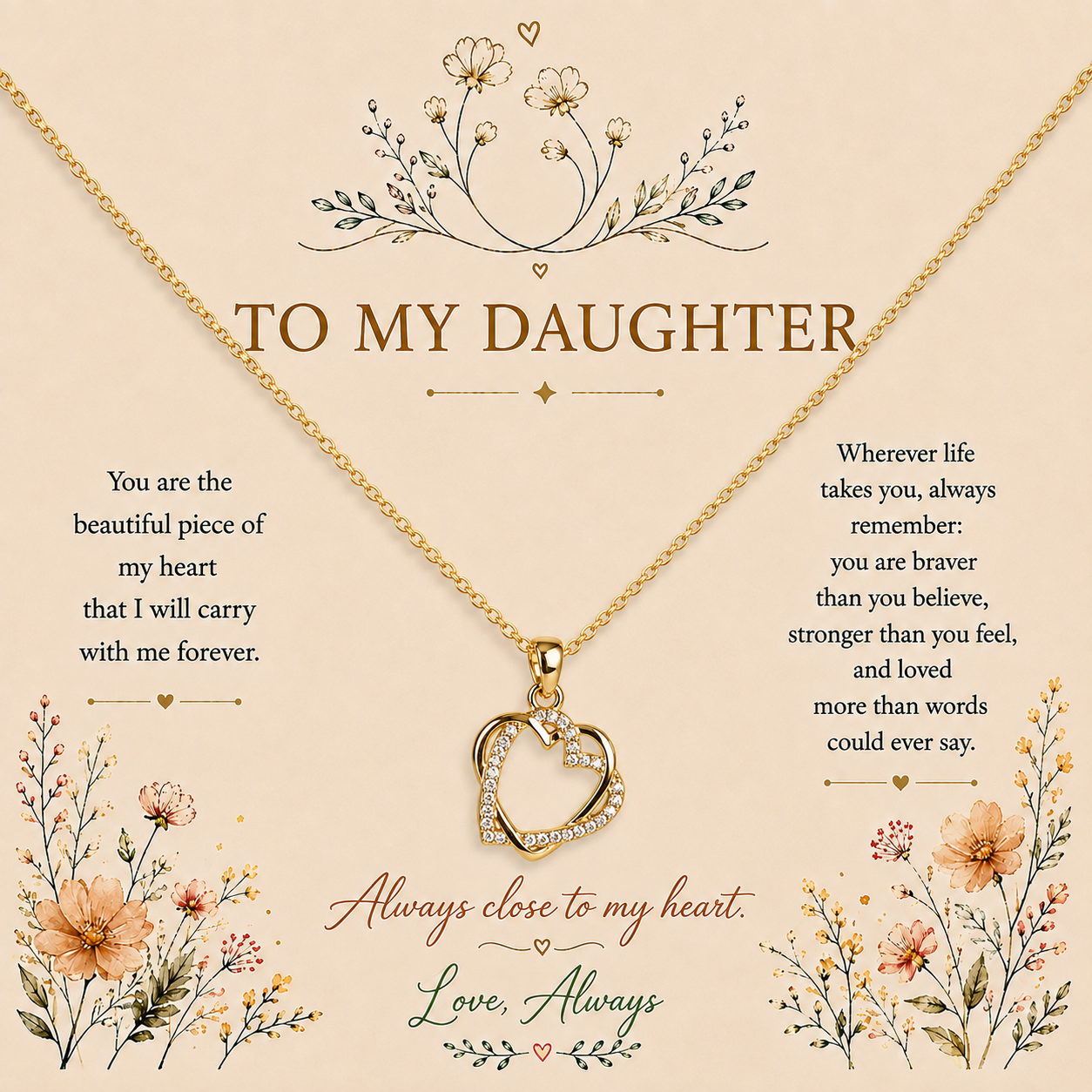 Daughter heart necklace gift with heartfelt message card