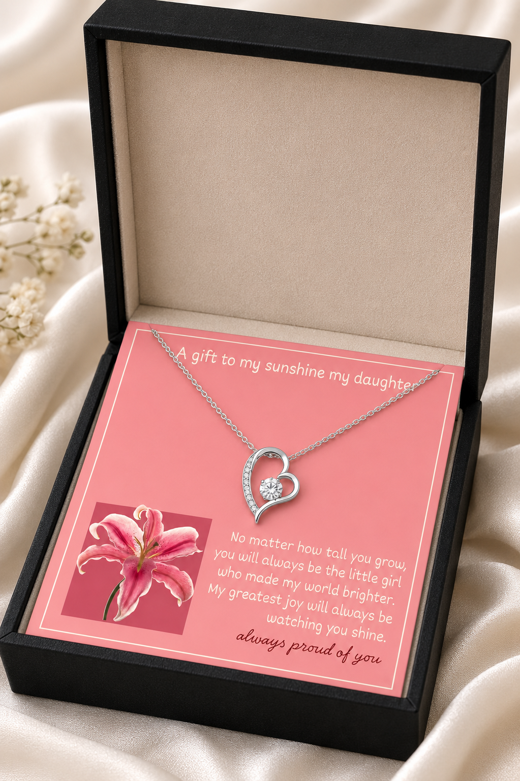 Heart pendant necklace displayed in luxury gift box for daughter