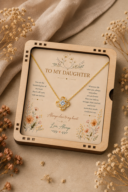 Daughter gift necklace displayed on floral message card