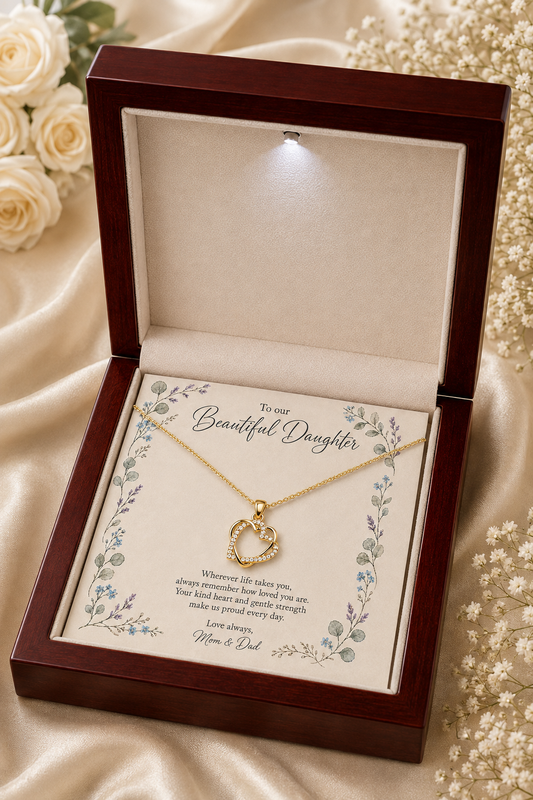 Gold-tone heart pendant necklace for daughter with floral message card from Mom and Dad