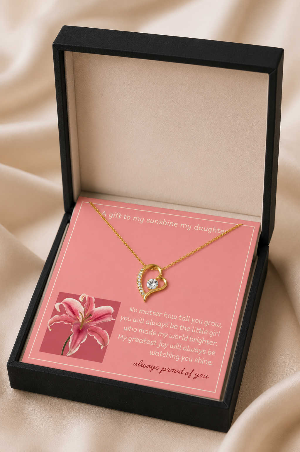 To My Daughter heart necklace with inspirational message card