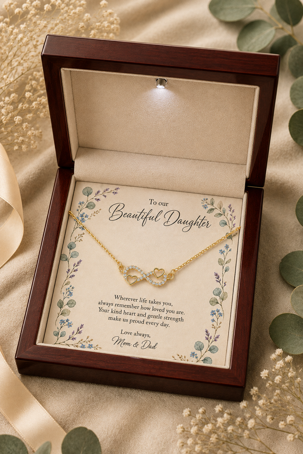 Infinity heart necklace for daughter presented inside premium black gift box