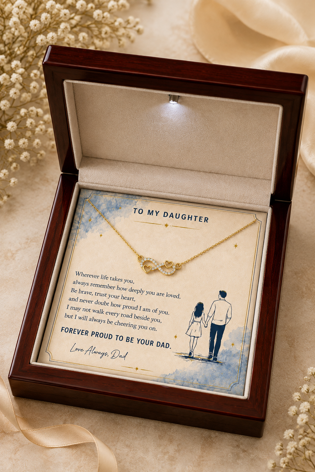 Daughter infinity heart necklace and message card presented inside a classic gift box