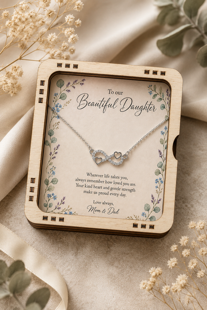 Daughter infinity necklace with clear accents and two open heart details