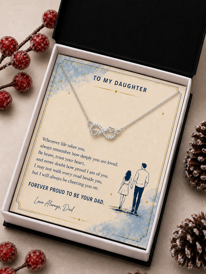 Silver-tone infinity heart necklace for daughter displayed with message card in wooden box