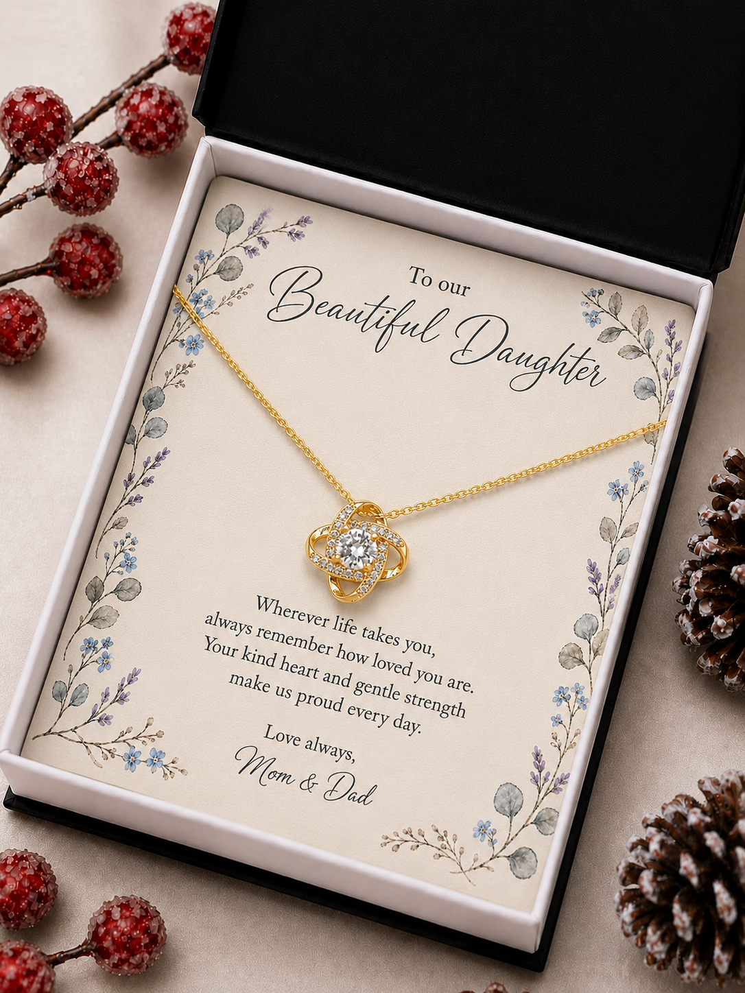 Daughter pendant necklace with delicate chain and clear stone center