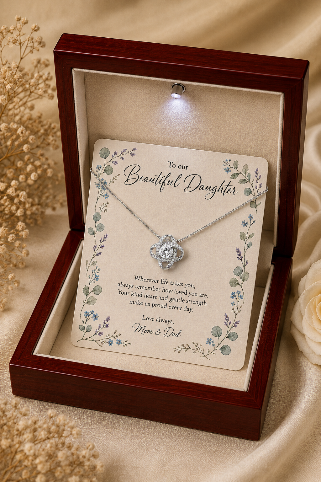 Daughter pendant necklace displayed inside a black jewelry gift box