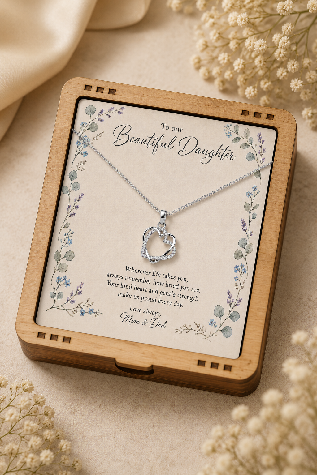 Silver-tone open heart necklace with clear stone-style accents for daughter gift