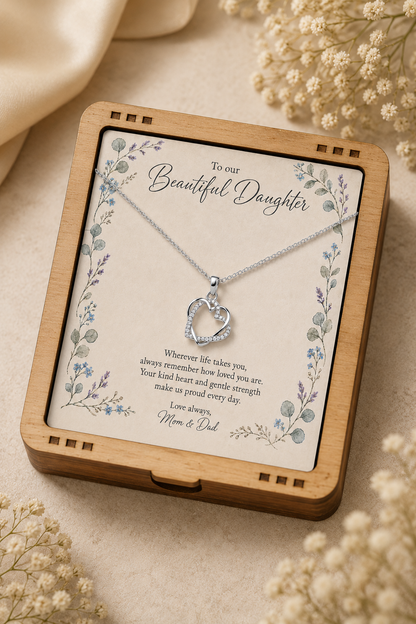 Silver-tone open heart necklace with clear stone-style accents for daughter gift