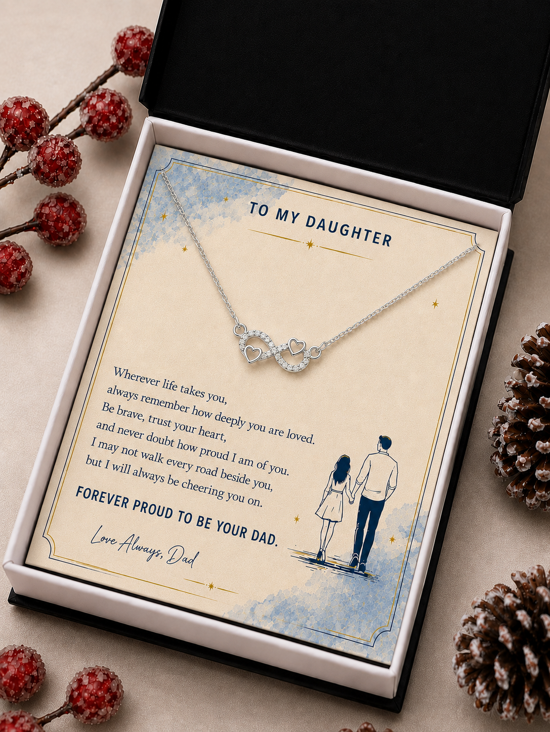 Silver-tone infinity heart necklace for daughter with clear stone accents and sentimental message card