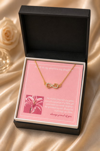 Daughter sunshine message card with gold-tone infinity heart necklace