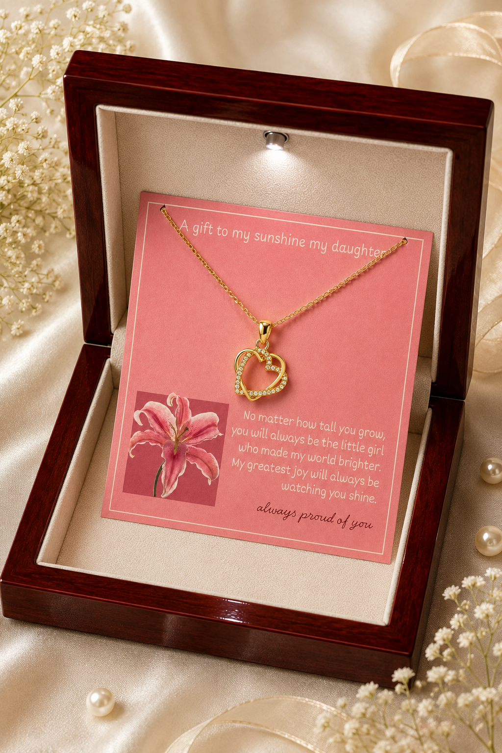 Gold-tone daughter pendant necklace displayed with emotional sunshine message card