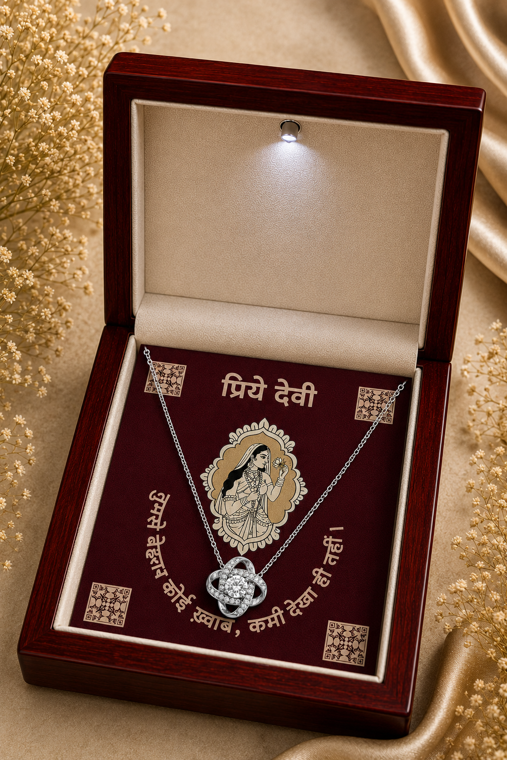 Devi anniversary gift pendant necklace with clear stone accent and emotional message card