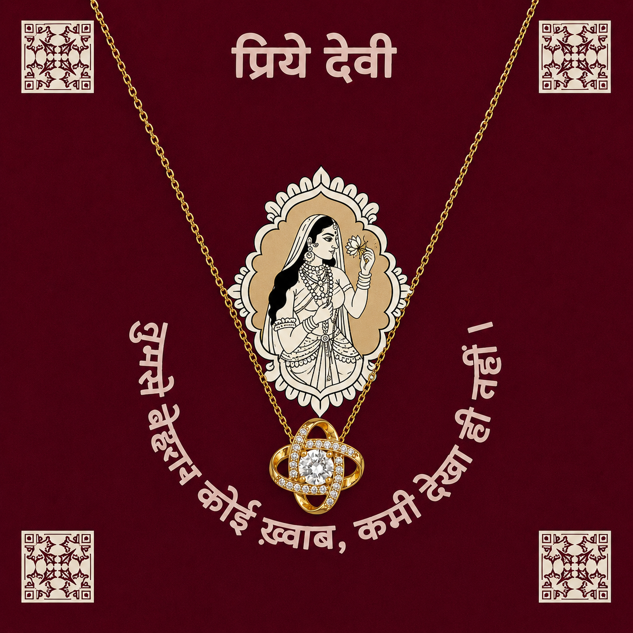 Devi gift necklace featuring interlocking knot pendant and clear center stone with message card