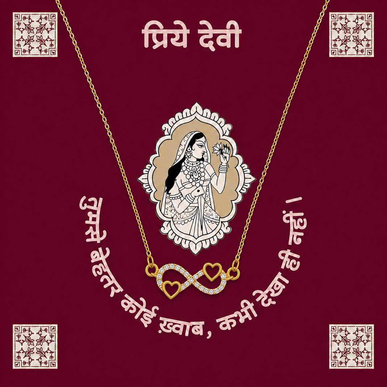 Gold-tone Devi infinity necklace with two heart details and traditional Indian artwork