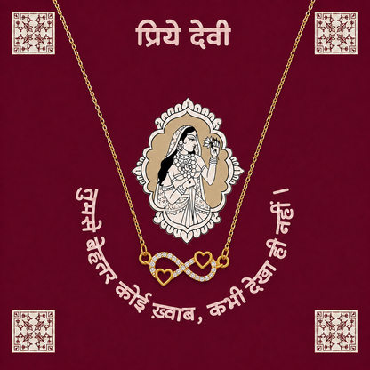 Gold-tone Devi infinity necklace with two heart details and traditional Indian artwork