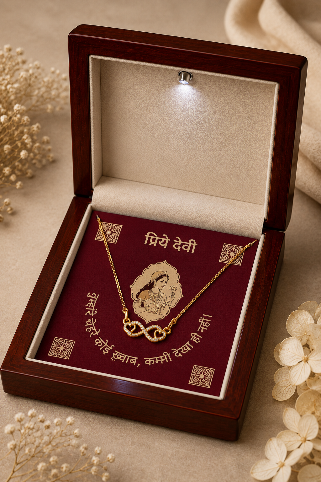 Gold-tone infinity heart necklace with sparkling clear accents on burgundy Hindi message card