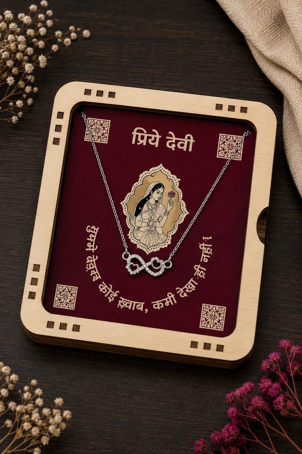 Silver-tone infinity heart pendant necklace with crystal-style accents and Hindi card