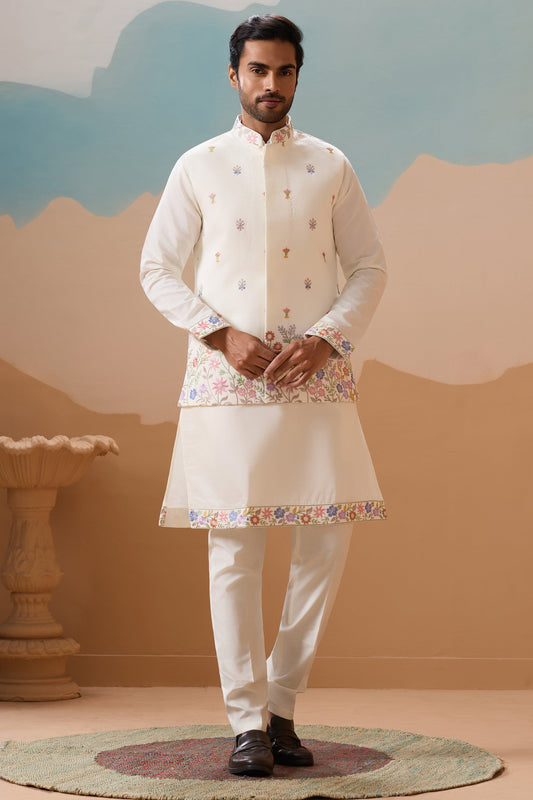 Silk kurtas in off white with elegant embroidery