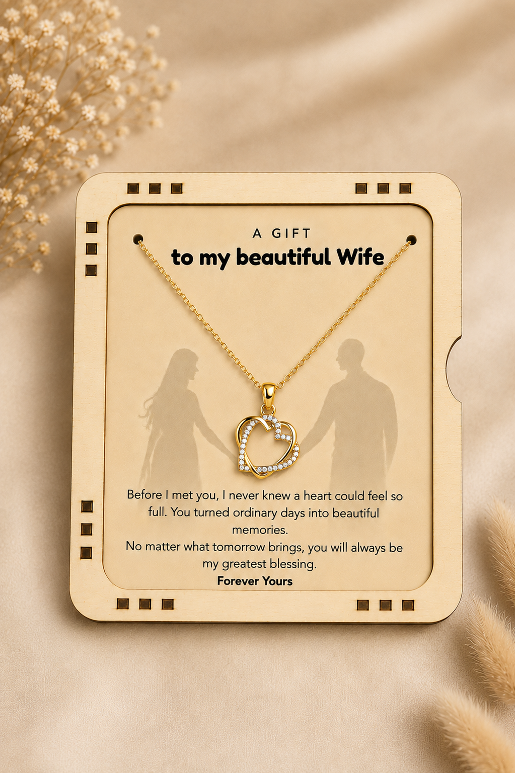 Double heart pendant necklace with clear accents and gold-tone finish