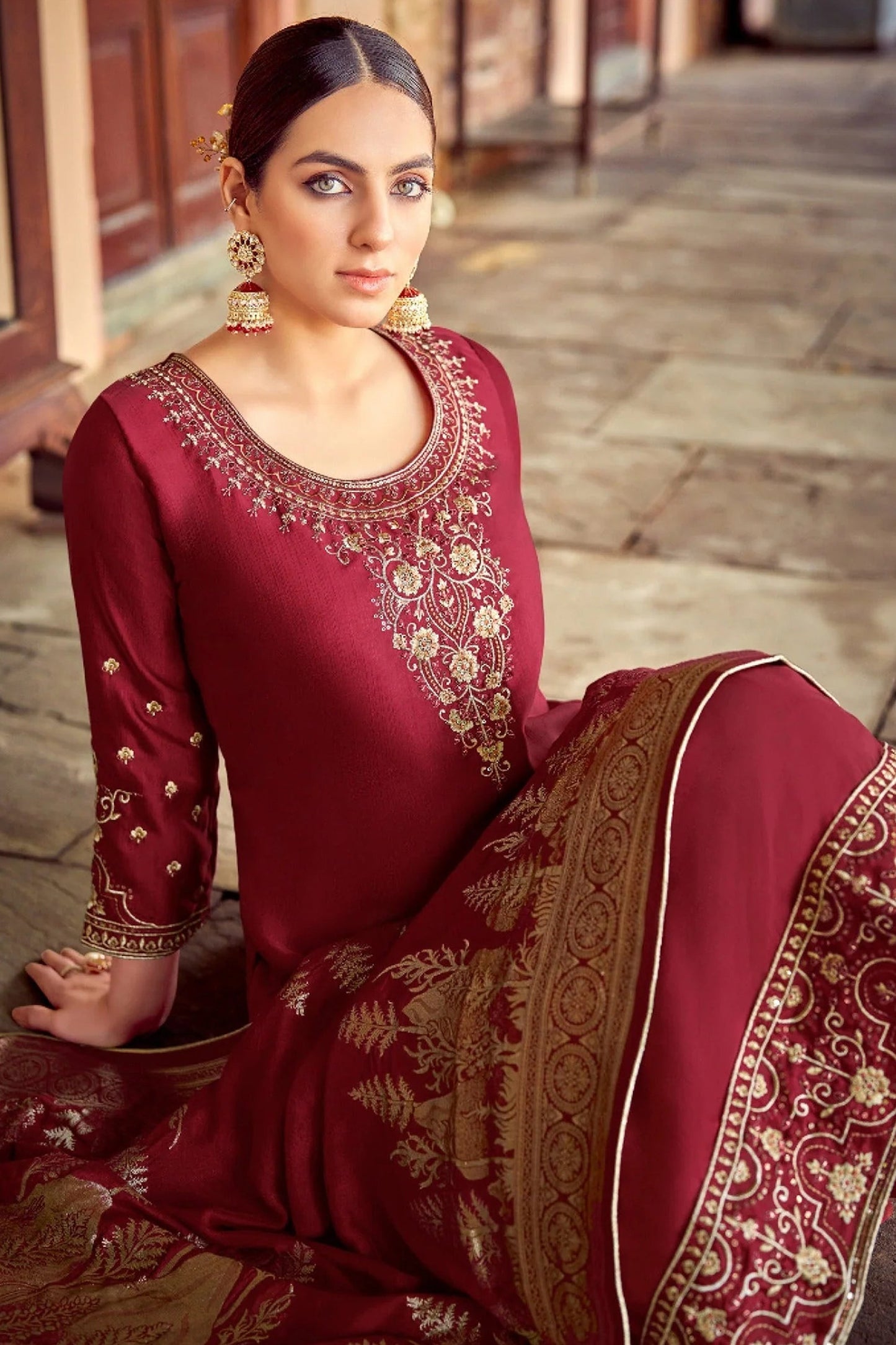 Designer maroon salwar kameez with dupatta, ideal for wedding guests.