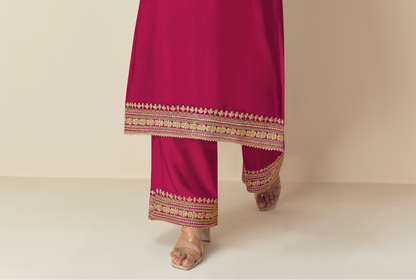 Wedding-Reception Special Dark Pink Color Plazzo Dress With Silk Dupatta