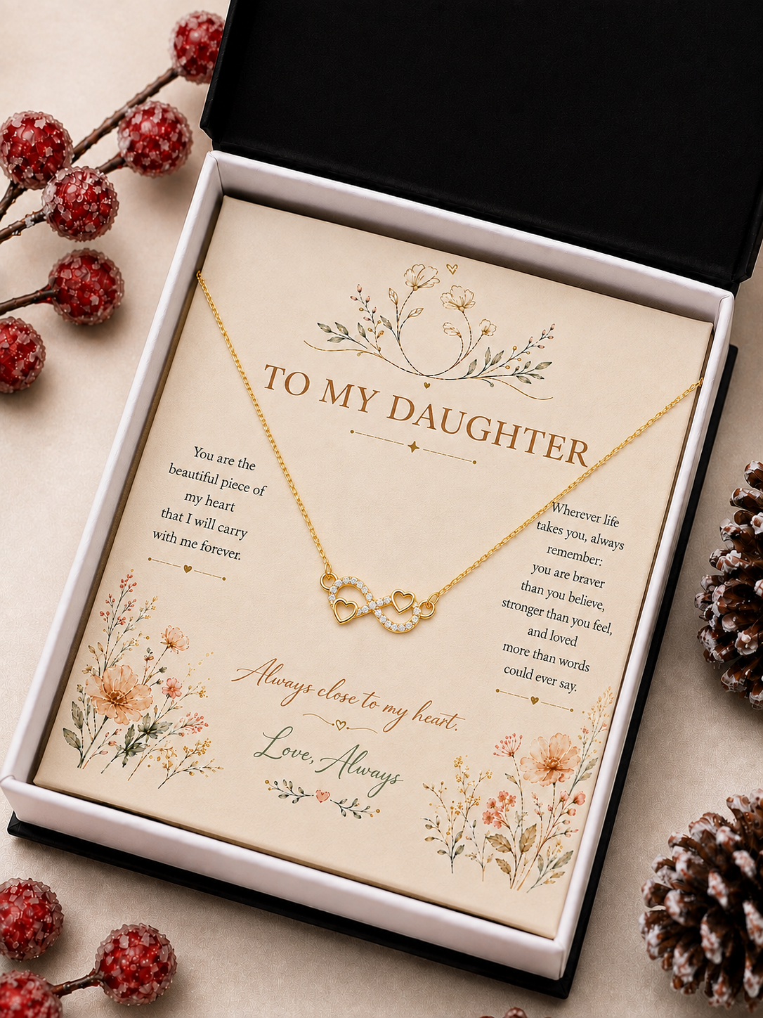Parent gift for little star featuring heart infinity necklace and message card