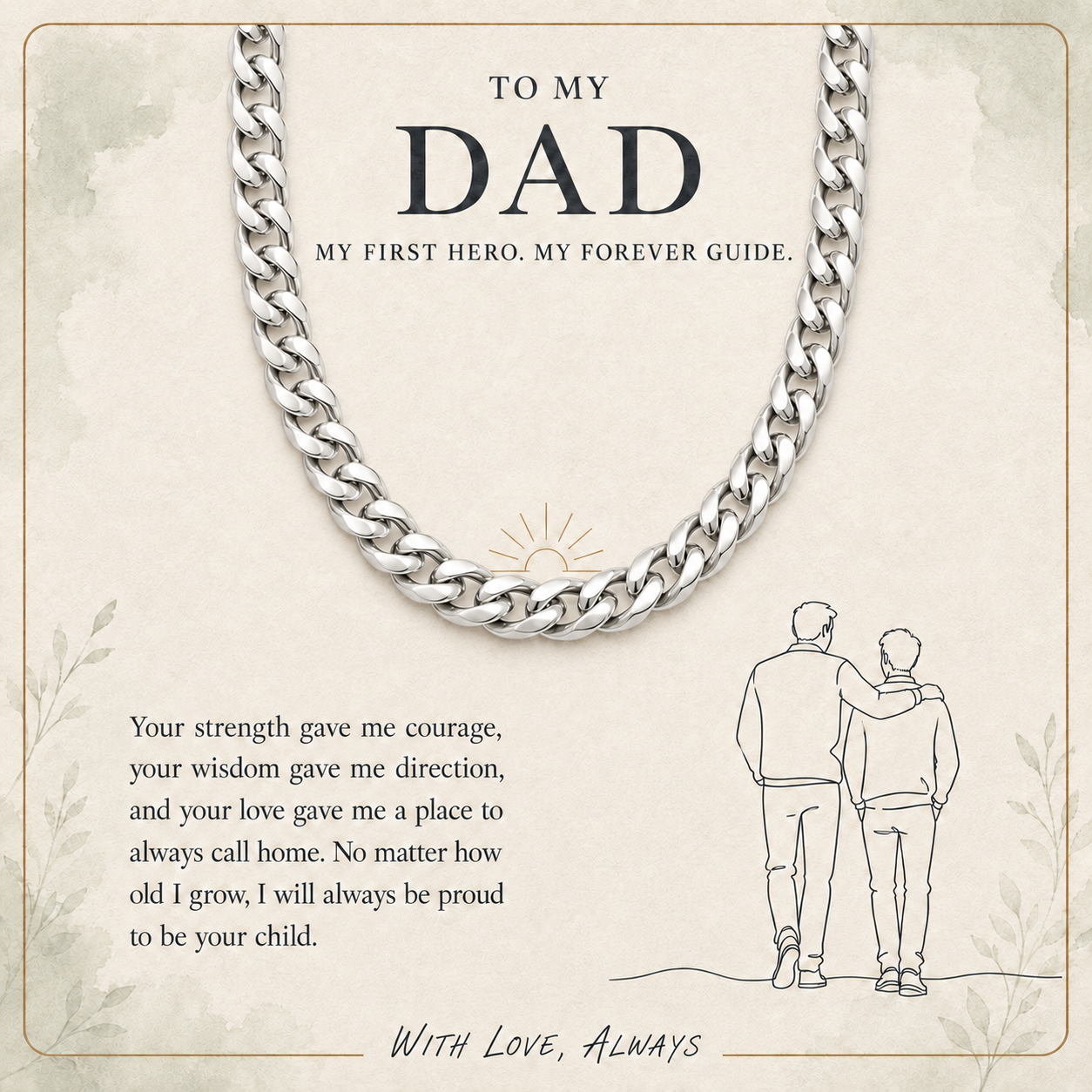 A silver curb-link chain necklace displayed on a beige printed card with sentimental text and a small line drawing of two people standing together. The card reads, 'TO MY DAD MY FIRST HERO.