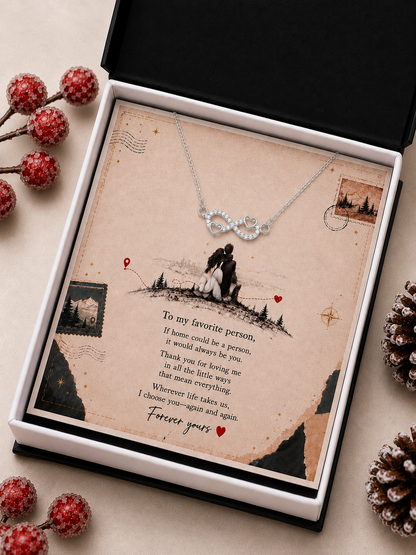 Favorite person infinity heart necklace and message card gift presentation