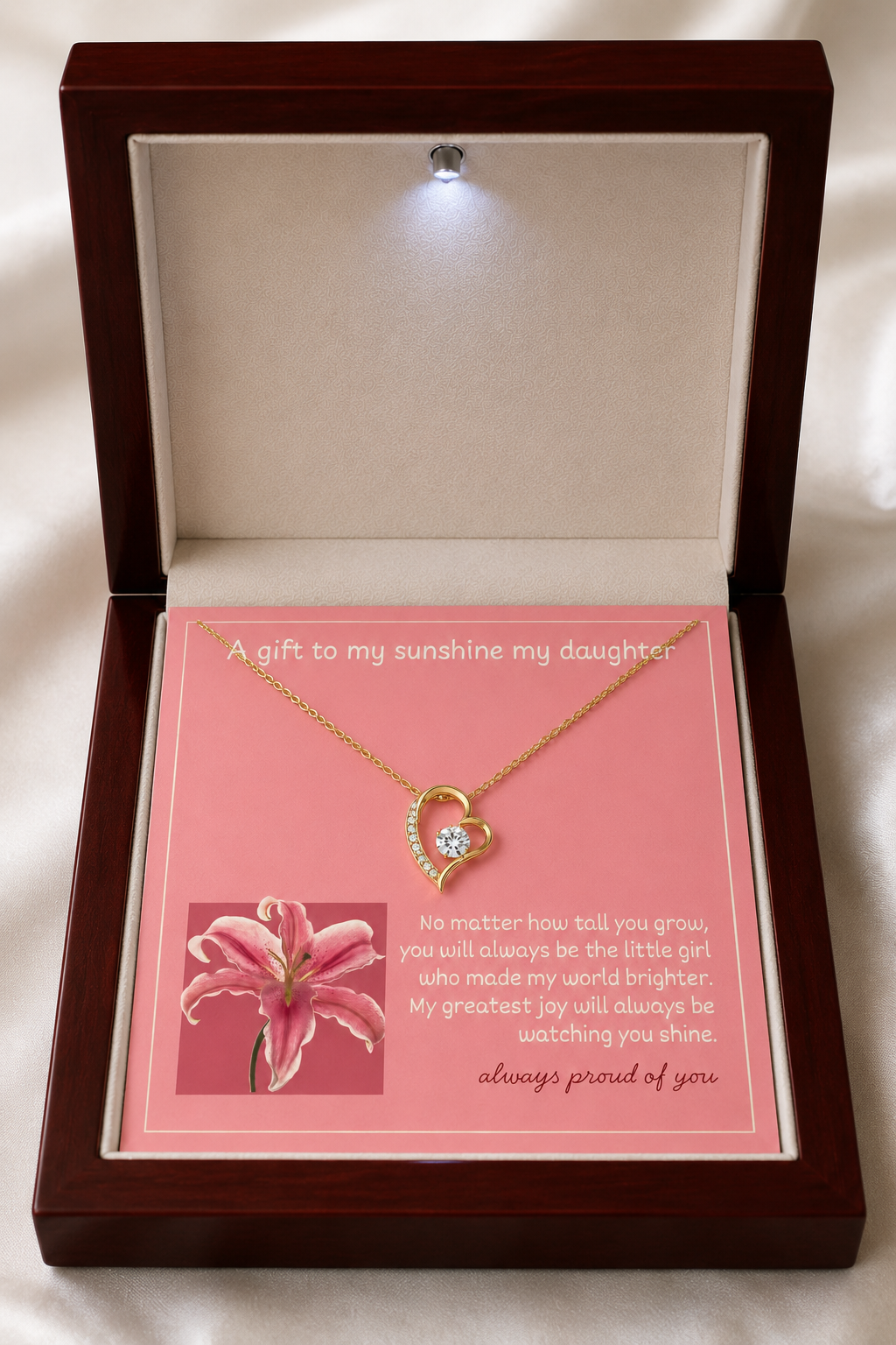 Gold-tone open heart pendant with pink floral message card
